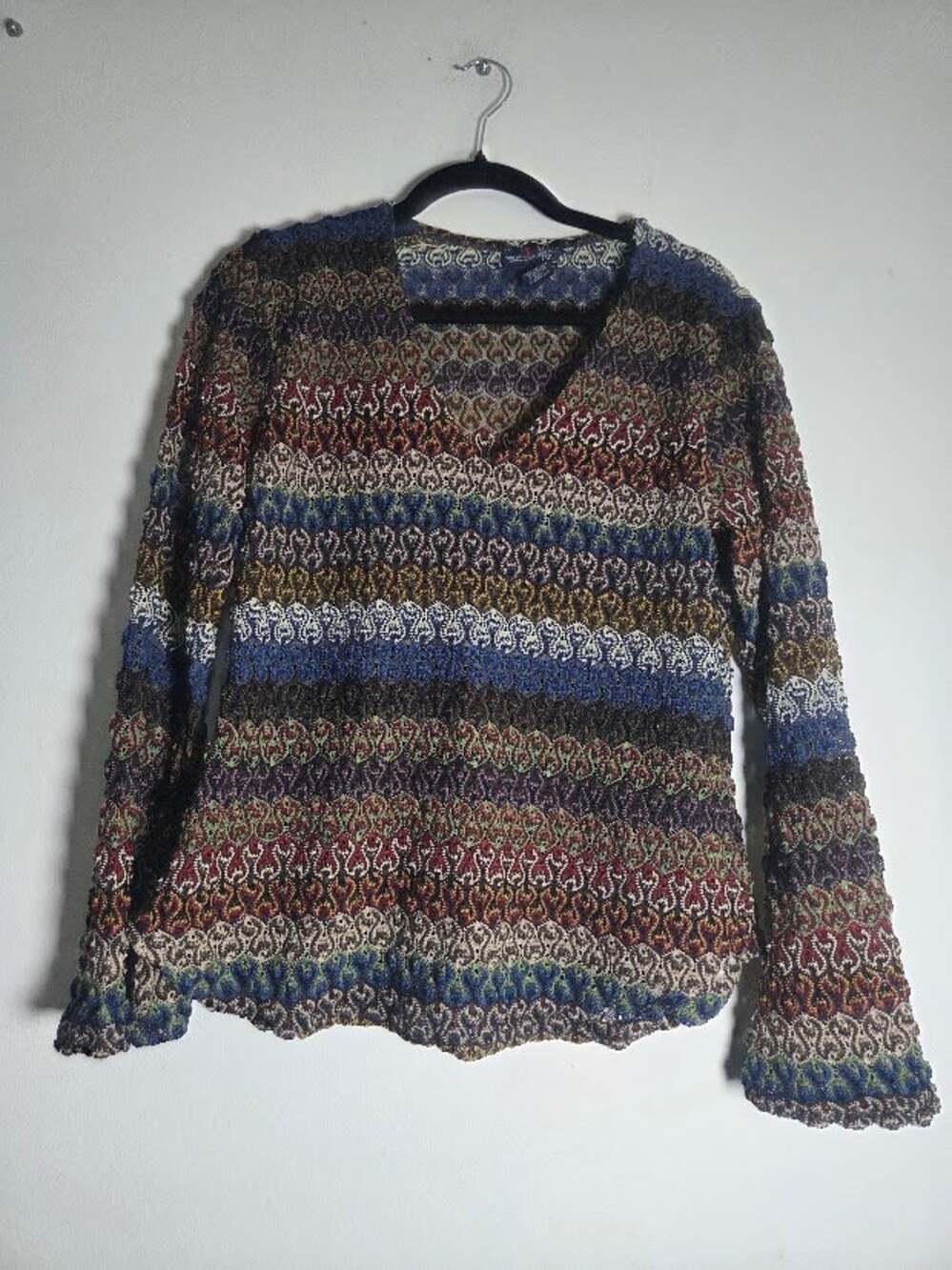 Venezia Vtg Brown Blue Bubble Textured Knit V-Neck Y2K Boho Chic Blousse sz 16